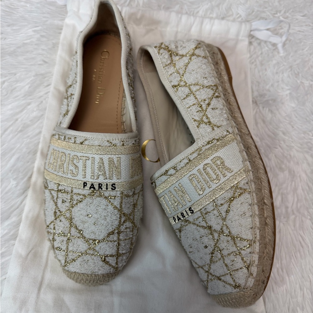 Dior Granville Espadrille White Cannage Tweed and Gold-Tone Metallic Thread
